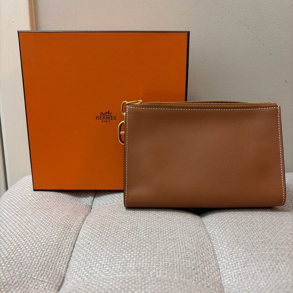 Hermes Brown Leather Toiletry Pouch with Gold Hardware